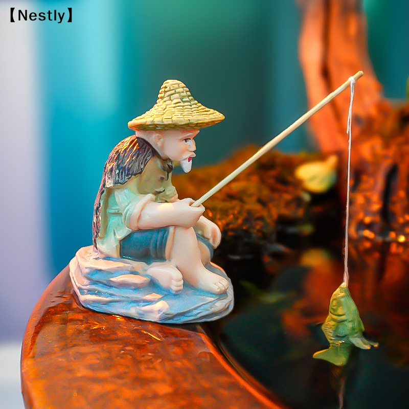 Aquaponics Fish Tank - Miniature Old Man Fishing Ornament PVC